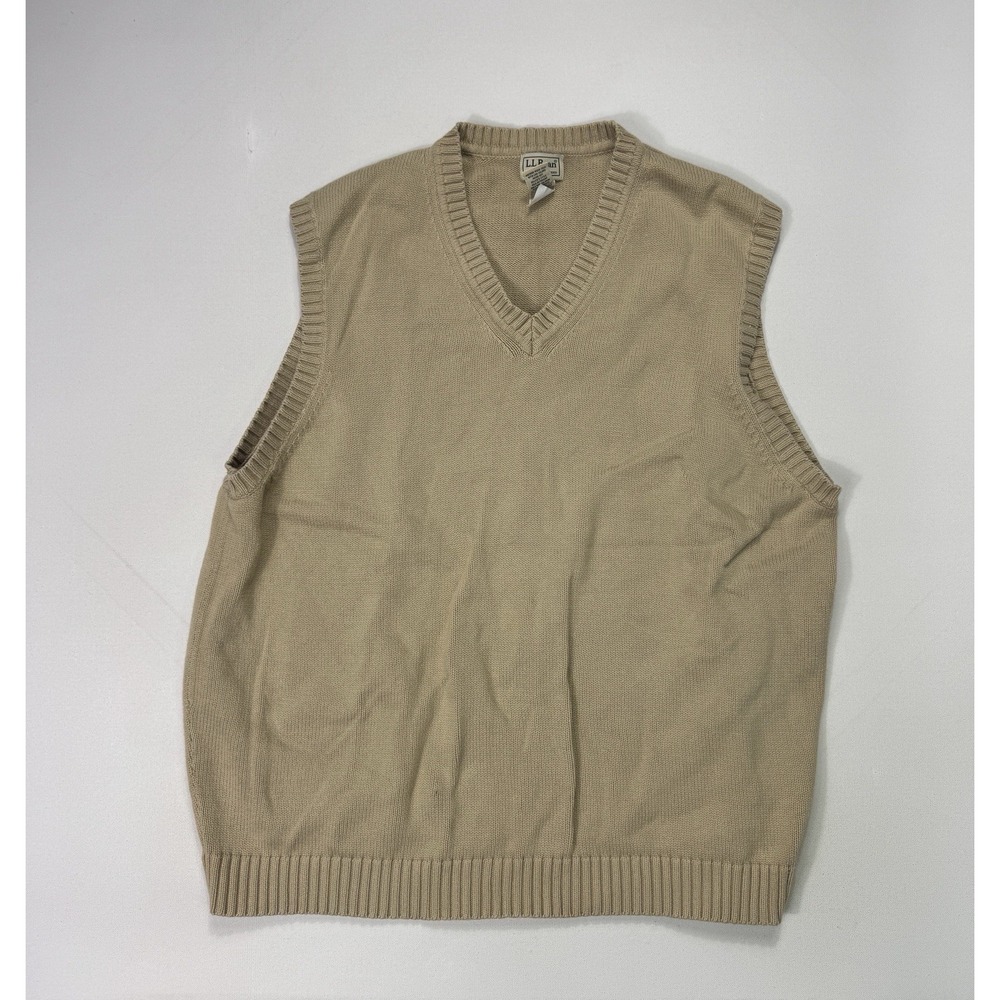 LL Bean Mens 2XL Cotton Knit Sweater Vest Beige V-Neck Outdoor Classic Academia